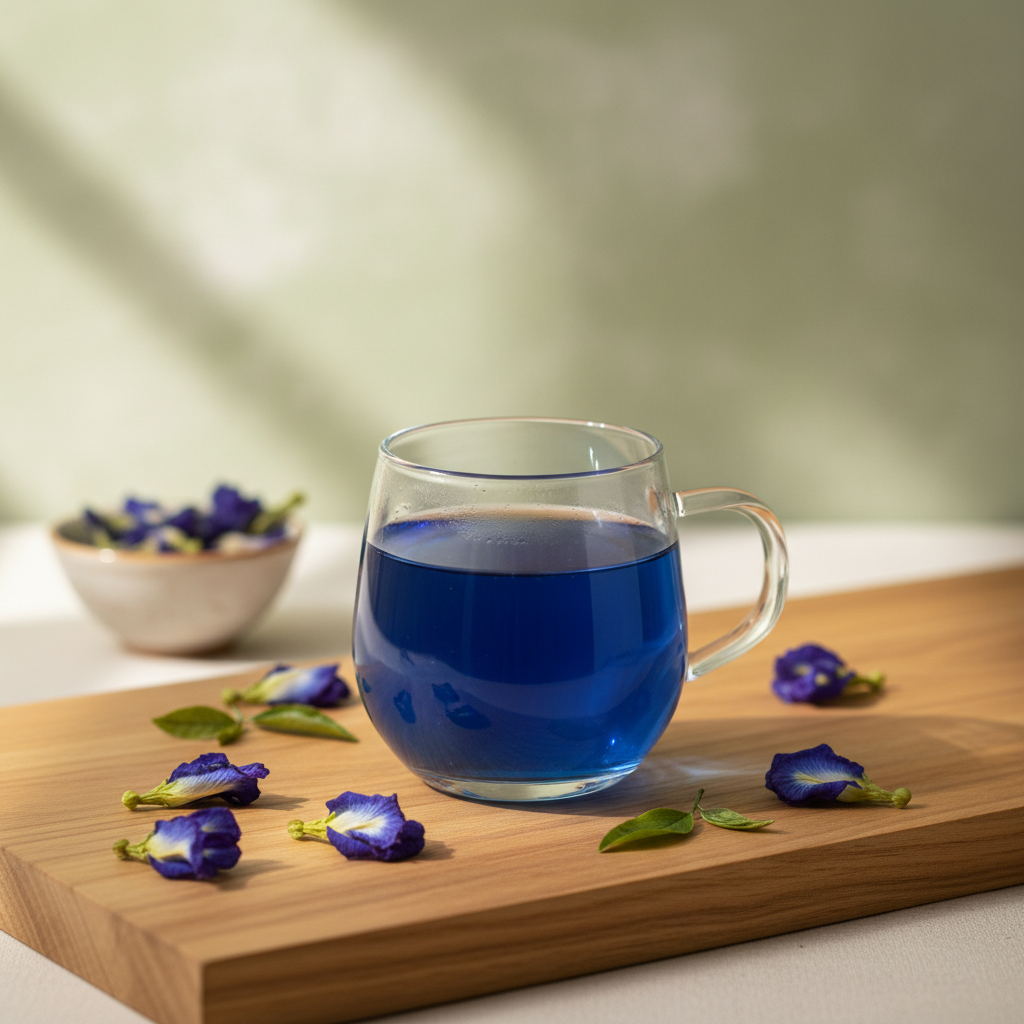 Blue Butterfly Pea Tea in a clear glass cup with natural lighting