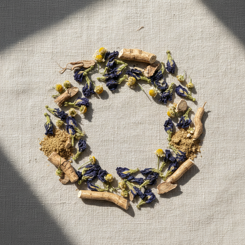 Flat lay of dried butterfly pea flowers, chamomile, and Ayurvedic herbs