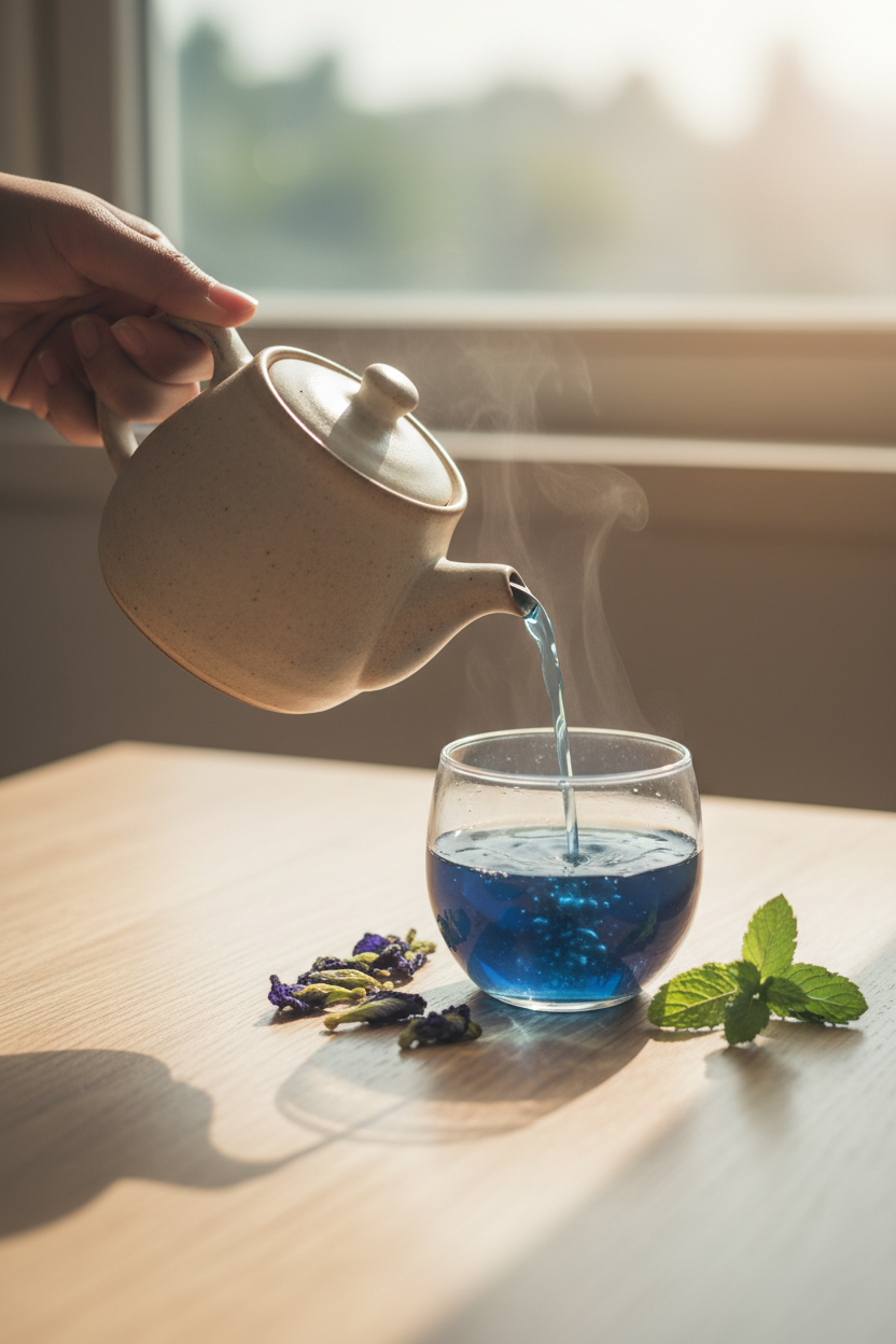 Pouring blue butterfly pea tea from ceramic teapot - daily calm ritual