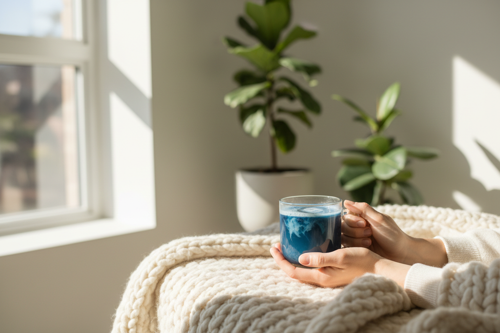 Hands holding a warm cup of blue butterfly pea tea in a peaceful moment