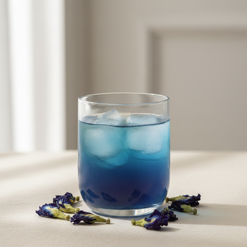 Close-up of vibrant blue tea showing beautiful natural color